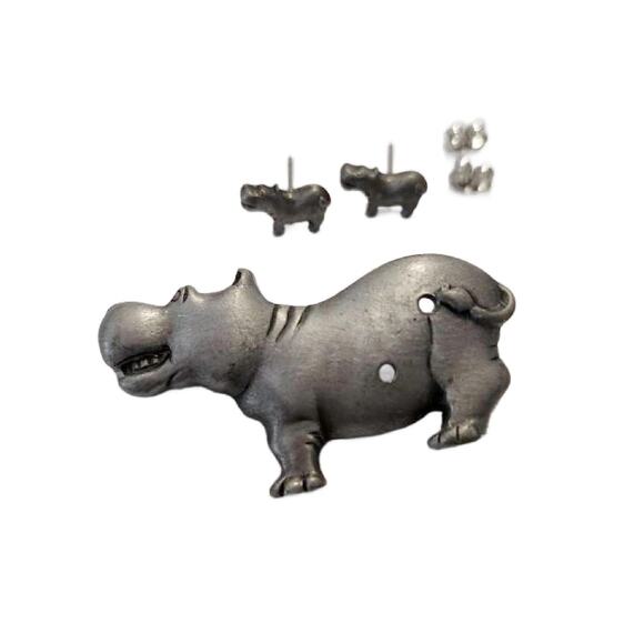 Vintage Pewter Hippo Brooch with Pierced Hippo Earrings - Picture 3 of 9